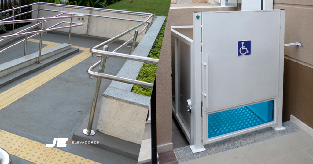 elevador de acessibilidade - a esquerda possui uma rampa e a direita um elevador de acessibilidade